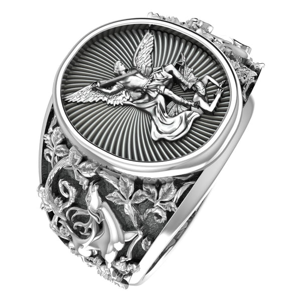 Saint Michael Ring, Saint Christopher Catholic Medal Great Protector  Archangel Defeating Satan Figurine Amulet Rings for Men 925 Sterling Silver  Size