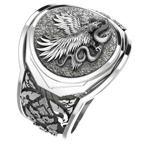 Men's Silver Eagle Fighting Snake Ring, Mens Eagle and Snake Ring Animal Silver Jewelry 925 Sterling Silver Size 6-15