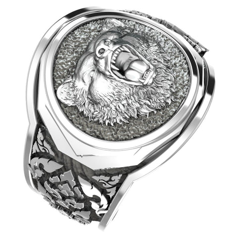 Men's Silver Bear Head Ring, Mens Bear Ring Animal Silver Jewelry 925 Sterling Silver Size 6-15