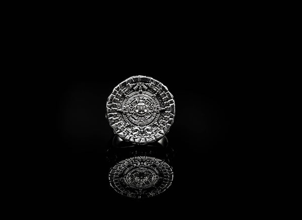 Aztec Mayan Calendar Ring for Men Sun Jewelry 925 Sterling Silver