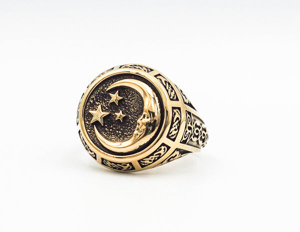 Moon and Stars Ring Celtic Ornament Talisman Boho Men's Women Fashion Brass Jewelry Size 6-15 BR-121