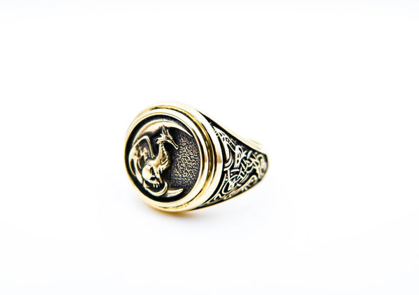 Dragon Ring for Men, Dragon on Moon Nordic Viking Brass Jewelry Size 6-15