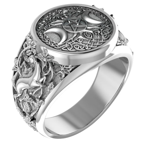 Triple Moon Pentacle Pentagram Ring with Tree of Life Wiccan Pagan Jewelry 925 Sterling Silver R-373