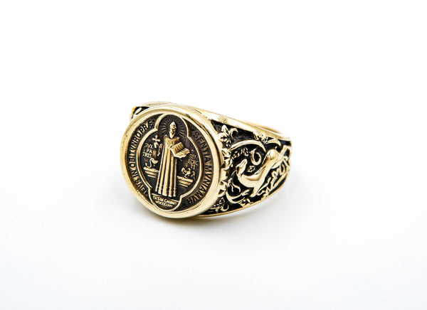 Catholic Signet Saint Benedict Exorcism Ring Brass Jewelry Size 6-15