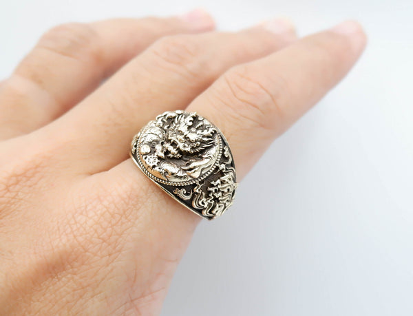 Chinese Dragon Ring for Men Protection Boho Brass Jewelry Size 6-15