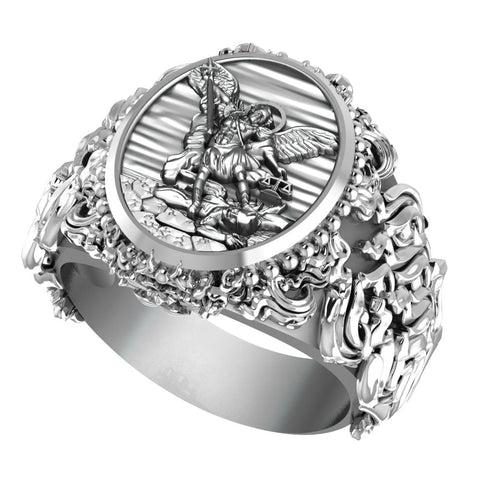 St. Michael The Great Protector Archangel Defeating Satan Ring 925 Sterling Silver