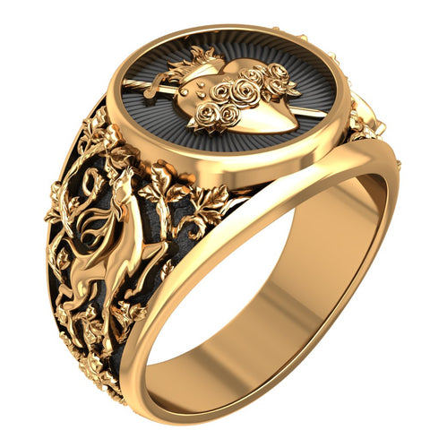 Sacred Heart Ring with Flower Sword for Men Woman Anniversary Brass Jewelry Size 6-15