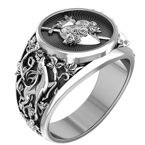 Sacred Heart Ring with Flower Sword for Men Woman Anniversary Jewelry 925 Sterling Silver Size 6-15