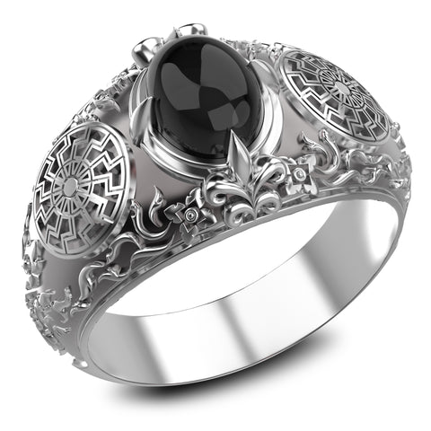 Onyx Black Sun Ring, Black Engine Sun Onyx Ring 925 Sterling Silver Size 6-15