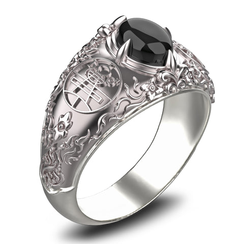 Onyx Key of Solomon Goetia Sigil Mens Ring, Solomon Ring 925 Sterling Silver Size 6-15