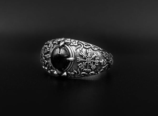 Onyx Vegvísir Ring Vikings Pagan Compass Ring 925 Sterling Silver Size 6-15