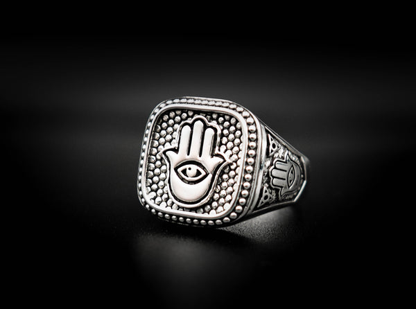 Hamsa Hand of Fatima Eyes of Horus Evil Eye Protection Ring 925 Sterling Silver Size 6-15