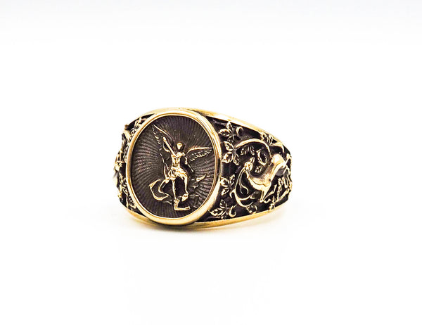 Saint Michael Ring Catholic Medal Great Protector Archangel Defeating Satan Amulet Brass Jewelry Size 6-15 BR-99