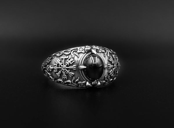 Onyx Vegvísir Ring Vikings Pagan Compass Ring 925 Sterling Silver Size 6-15