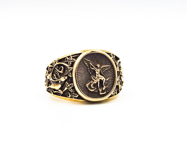 Saint Michael Ring Catholic Medal Great Protector Archangel Defeating Satan Amulet Brass Jewelry Size 6-15 BR-99