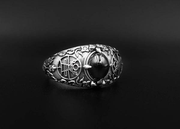Onyx Key of Solomon Goetia Sigil Mens Ring, Solomon Ring 925 Sterling Silver Size 6-15