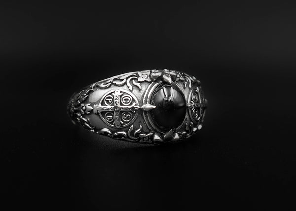 Onyx Men's St Benedict Exorcism Ring Cross Demon Protection Ring 925 Sterling Silver Size 6-15