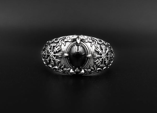 Onyx Vegvísir Ring Vikings Pagan Compass Ring 925 Sterling Silver Size 6-15