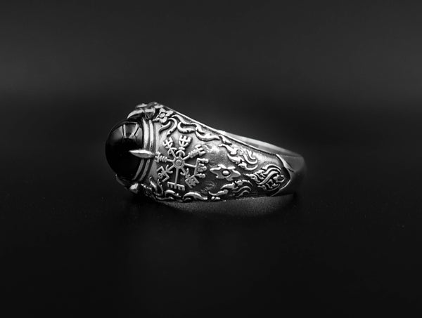 Onyx Vegvísir Ring Vikings Pagan Compass Ring 925 Sterling Silver Size 6-15