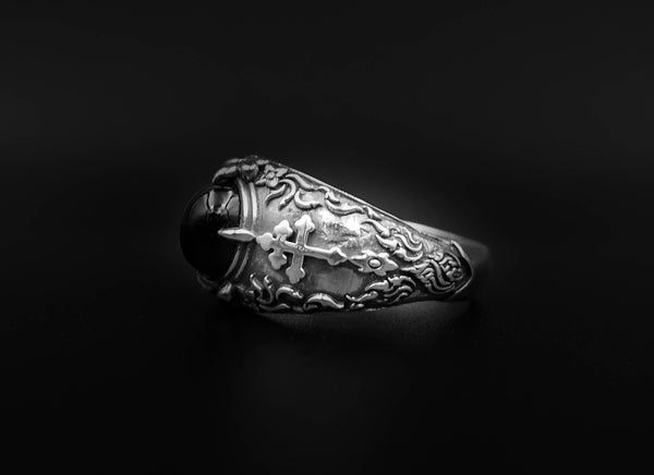 Onyx Cross of Lorraine Ring, Knights Templar Crusader Ring 925 Sterling Silver Size 6-15