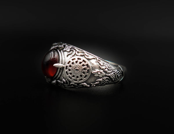 Garnet Black Sun Ring Viking Ring Black Sun Jewelry for Women's and Men's Ring 925 Sterling Silver Size 6-15