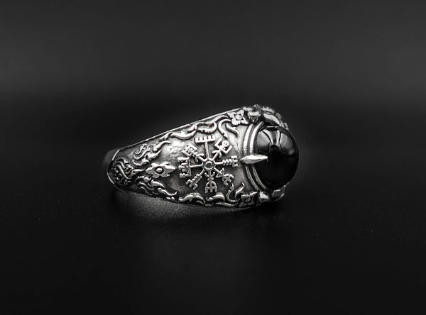 Onyx Vegvísir Ring Vikings Pagan Compass Ring 925 Sterling Silver Size 6-15