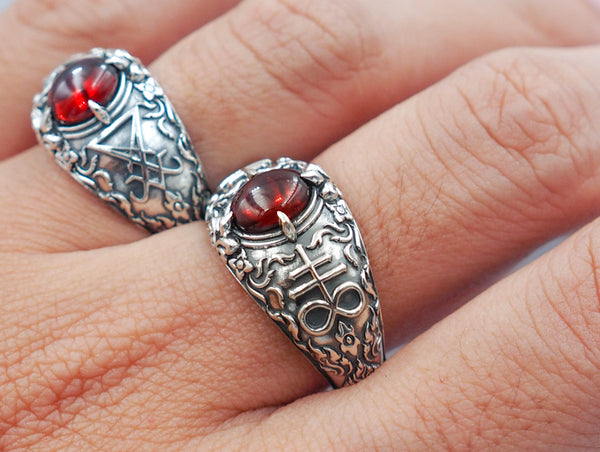 Church of Satan Satanic Baphomet Leviathan Cross Garnet Ring 925 Sterling Silver Jewelry Size 6-15