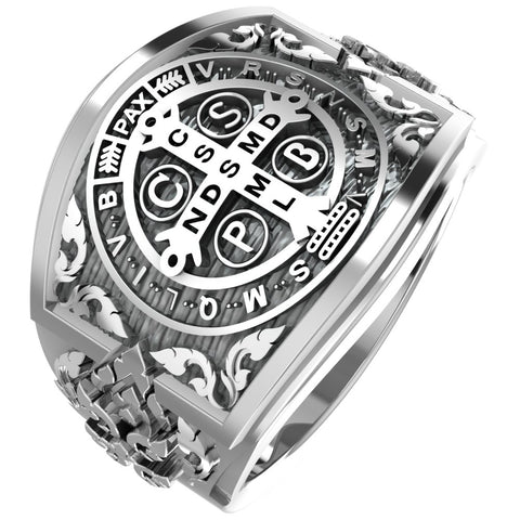 Men's St Benedict Exorcism Ring Cross Gift for Him 925 Sterling Silver Size 6-15