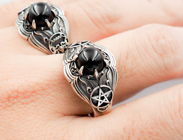 Onyx Tetragrammaton Ring Tetragrammaton Pentagram Star Ring 925 Sterling Silver Size 6-15